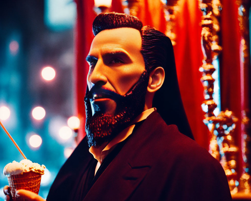 Sophisticated man with beard and suit holding ice cream cone on red bokeh background