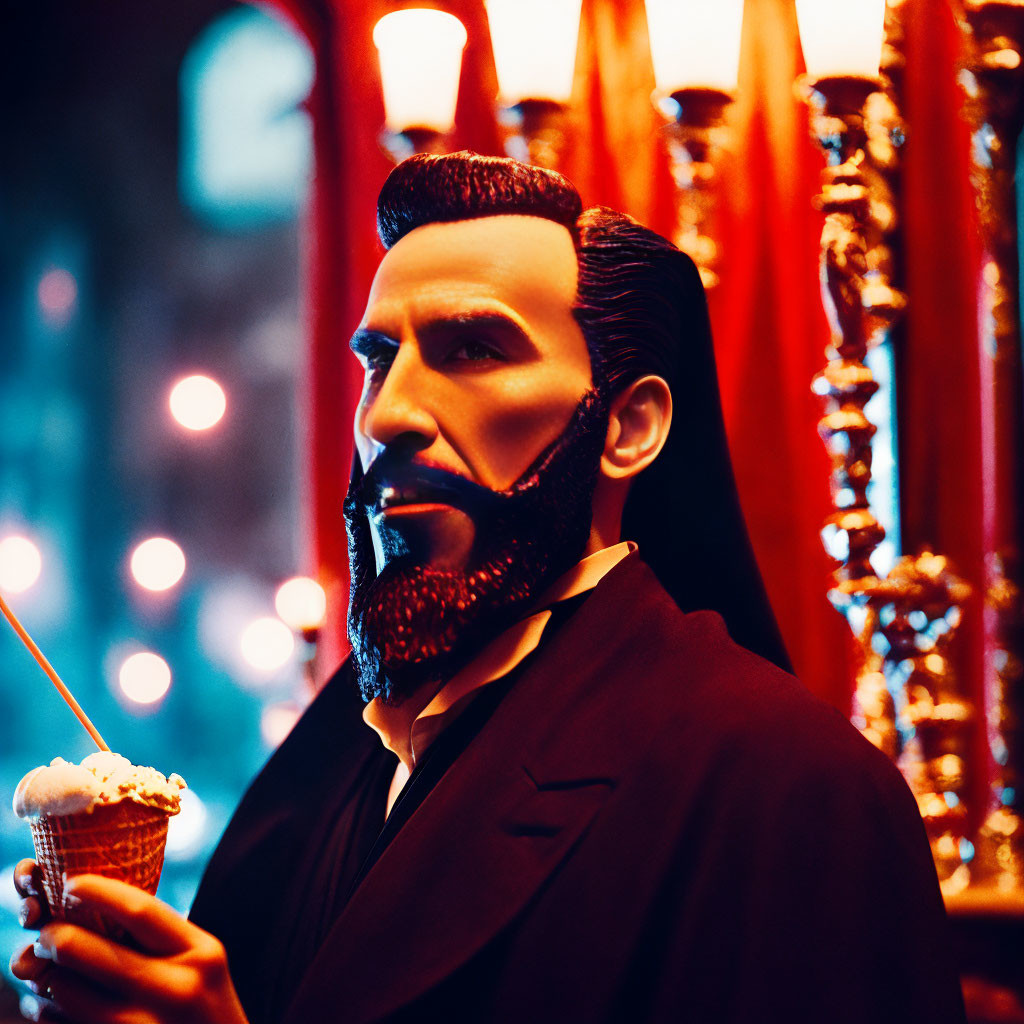 Sophisticated man with beard and suit holding ice cream cone on red bokeh background