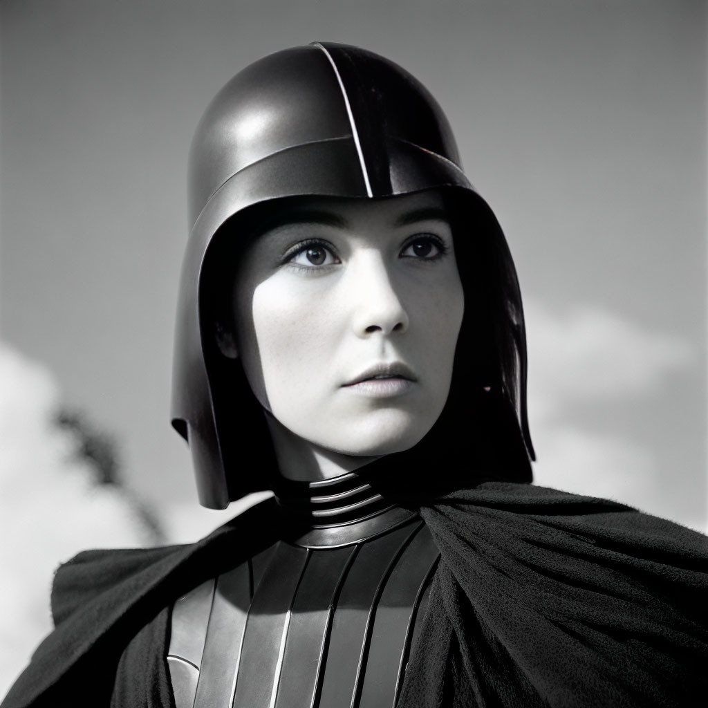 Futuristic warrior in helmet and armor with black cape on cloudy sky background