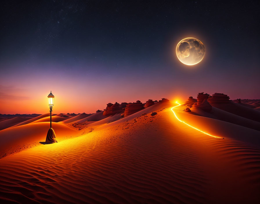 Desert Twilight: Street Lamp, Moon, and Stars in Vast Landscape
