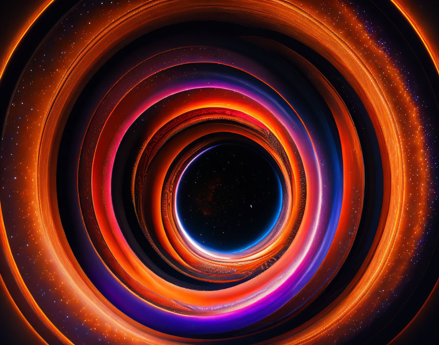 Vibrant cosmic digital art with concentric circles in orange, blue, and purple