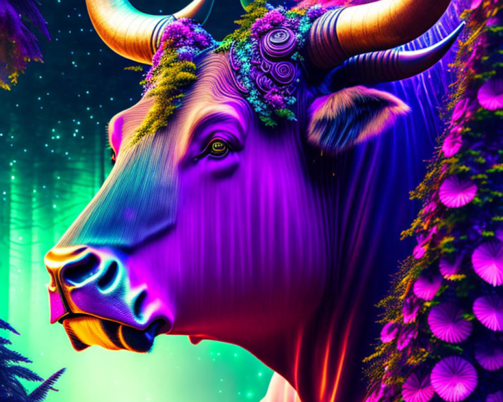 Vibrant purple and blue bull art in neon forest landscape