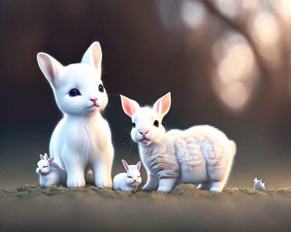 Fantasy animals with kitten and bunny features surrounded by tiny creatures on warm background