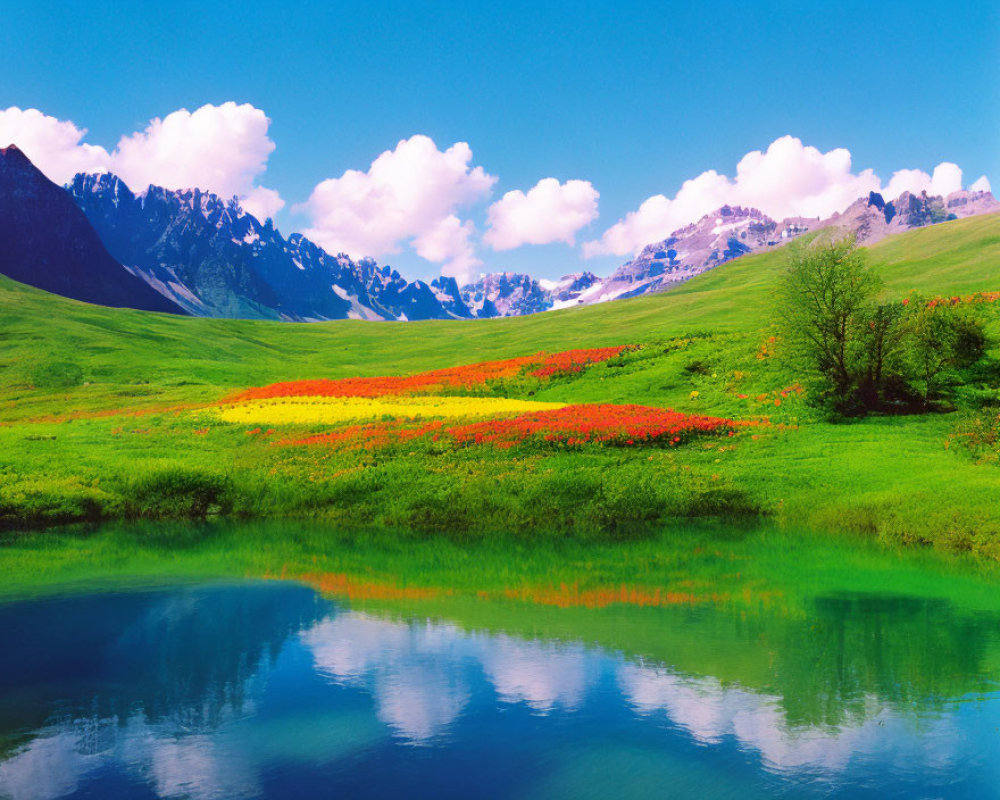 Vibrant red flowers in lush green meadow by tranquil lake and mountains