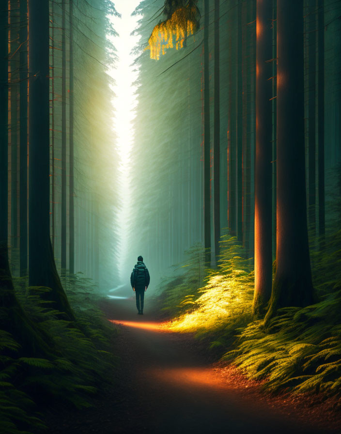 Person walking on forest path surrounded by towering trees in soft light