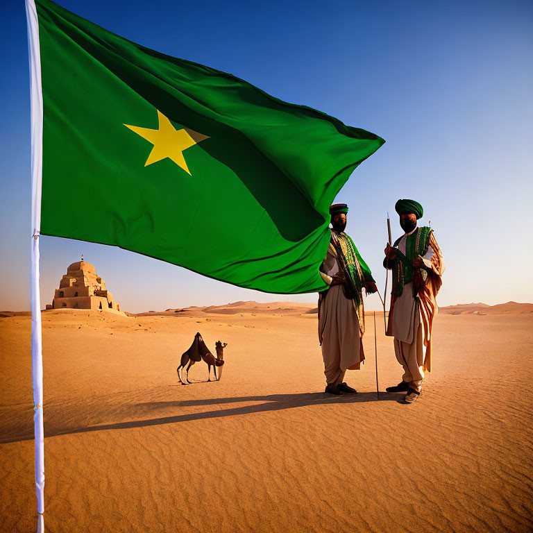 Two people in traditional attire with flag, camel, and desert structure.
