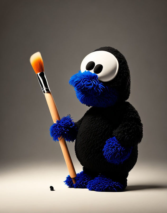 Whimsical furry black character with large white eyes and blue accents holding a paintbrush