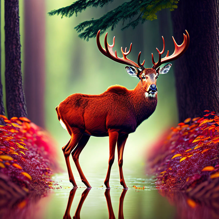 Majestic red deer with large antlers in vibrant forest reflection