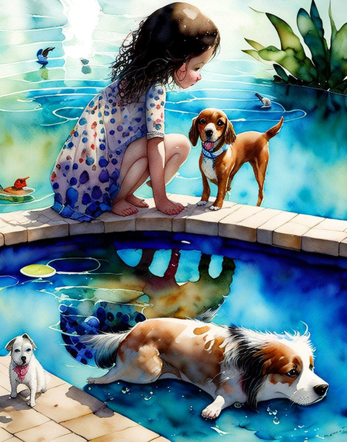 Girl in floral dress with beagle, Labrador, and duck by pool