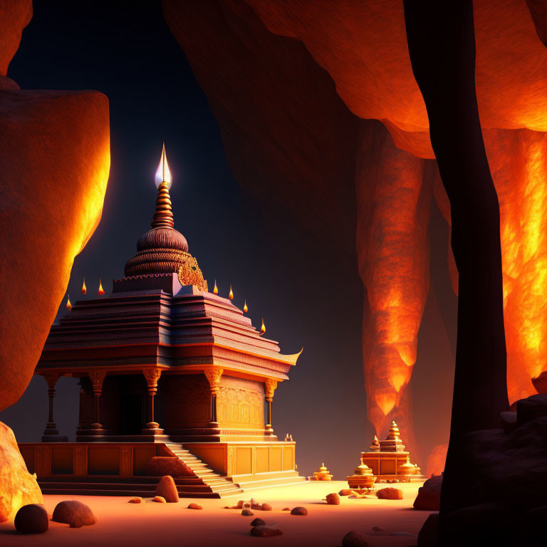 Illuminated temple with spired roof nestled among orange rock formations at dusk