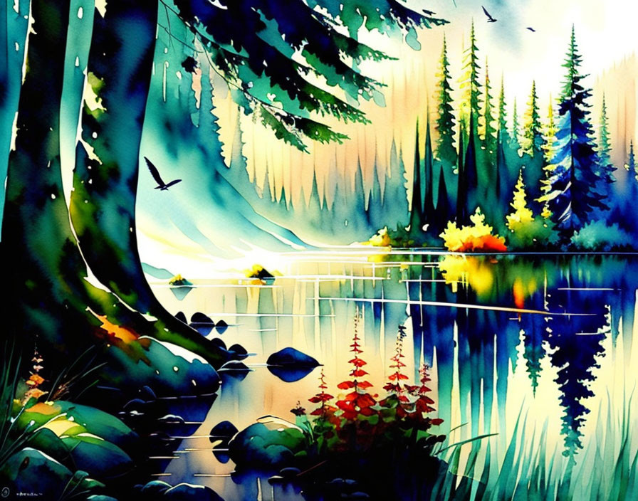 Serene Watercolor Landscape of Lake and Forest Wildlife