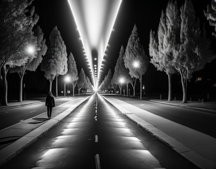 Person walking on symmetrical tree-lined street at night with vanishing point perspective