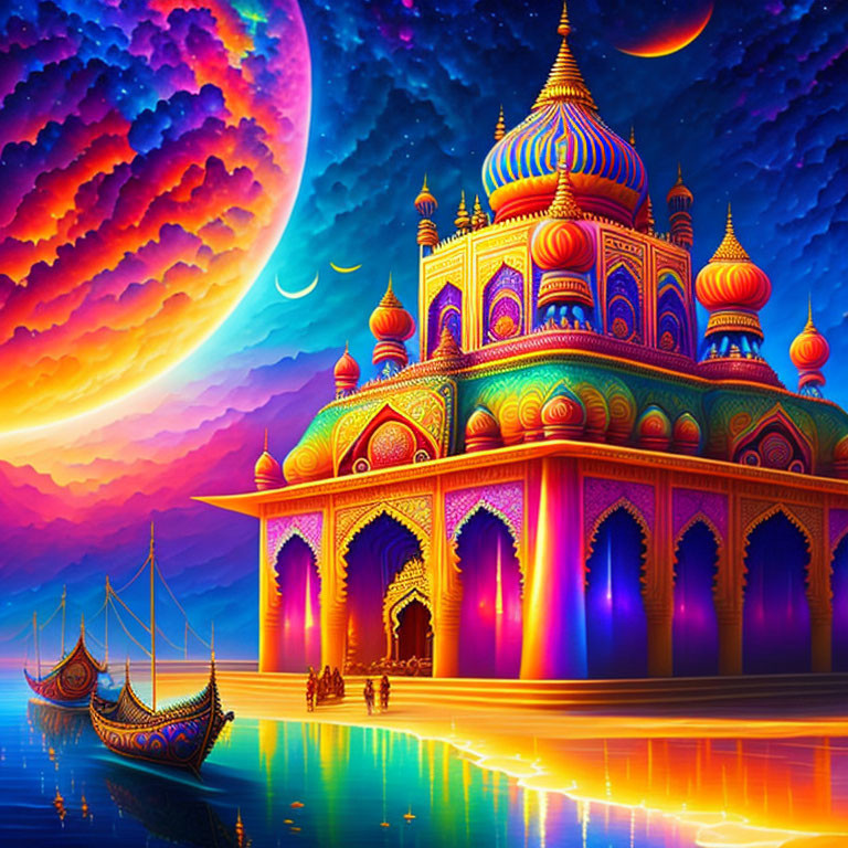 Fantastical palace with colorful domes under starry sky and crescent moon by calm waters.