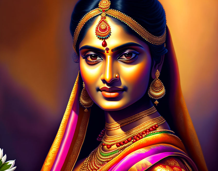 Illustrated portrait of Indian woman in traditional bridal attire and jewelry on golden background