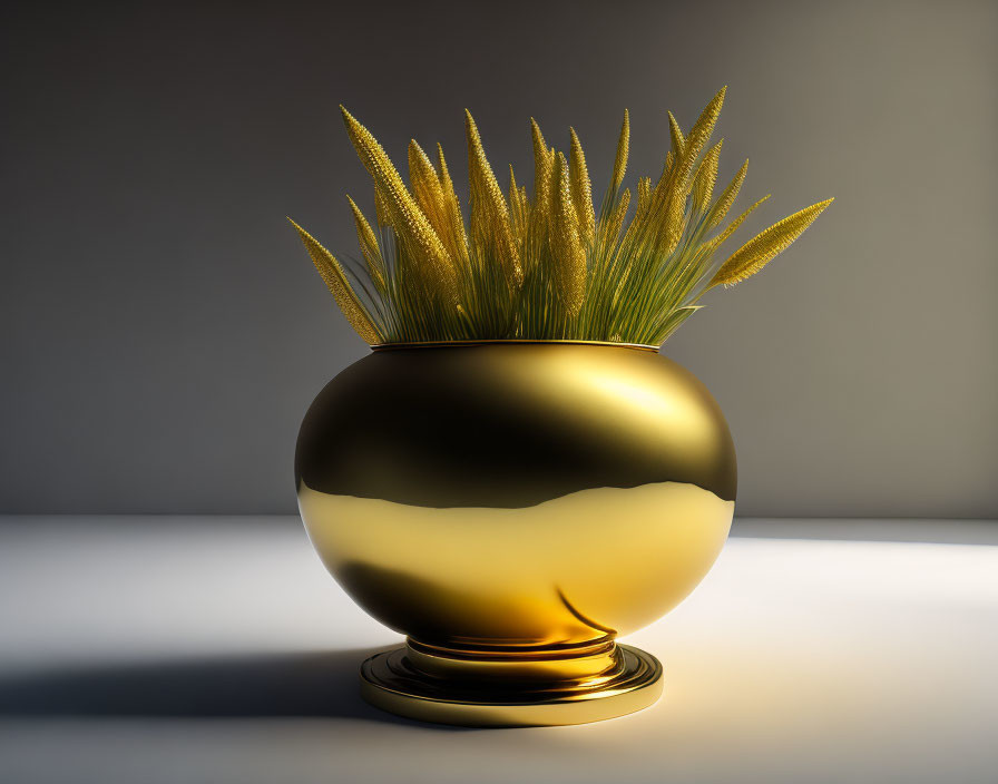 Golden Spherical Vase with Green and Yellow Plants on Stand