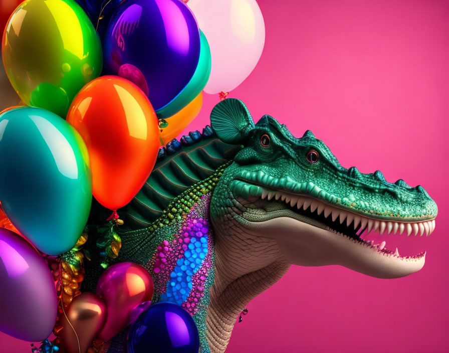 Colorful reptilian creature with balloons on pink background
