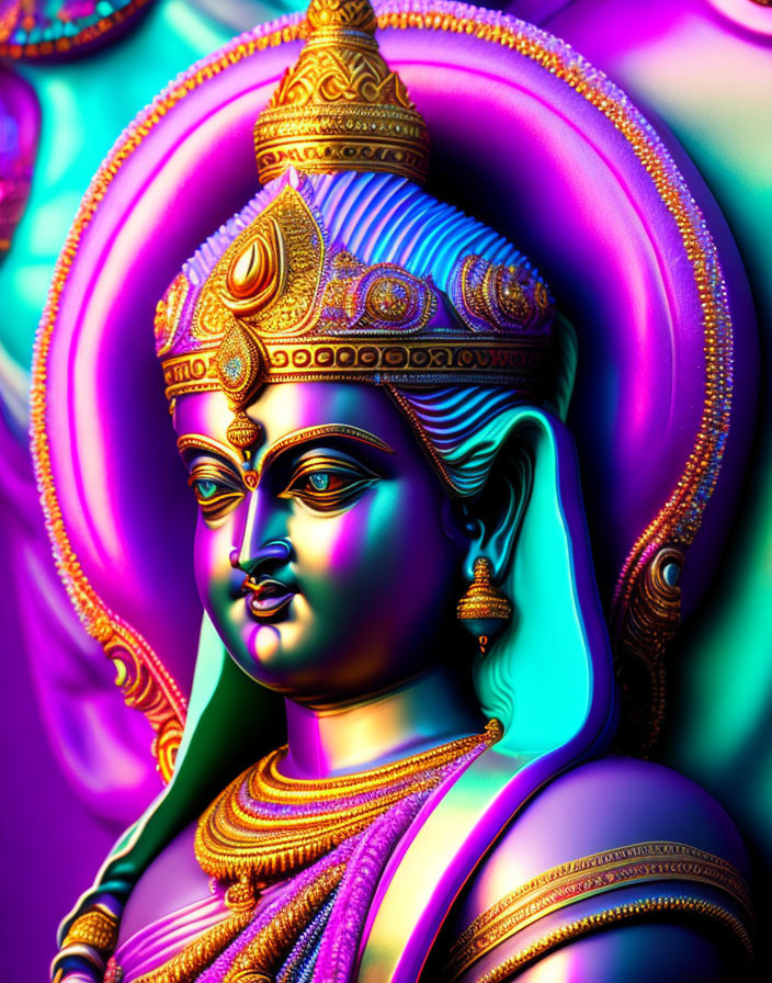 Vibrant digital deity art with traditional accessories on psychedelic backdrop