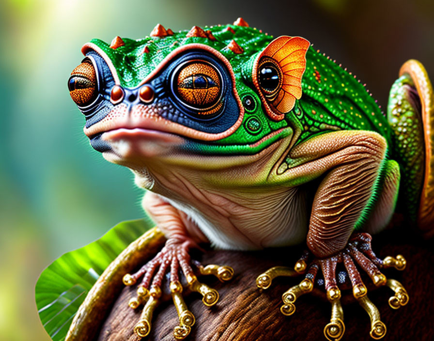 Colorful digital artwork of a stylized frog with exaggerated features on a branch