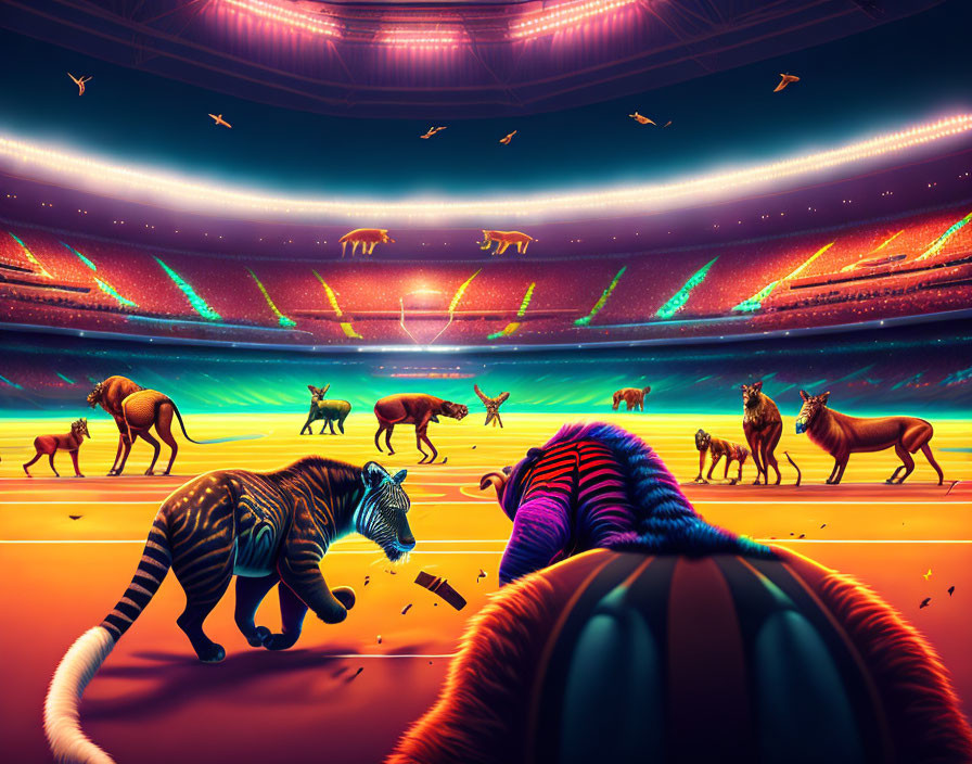 Digital artwork: Stadium scene with stylized animals in surreal competition
