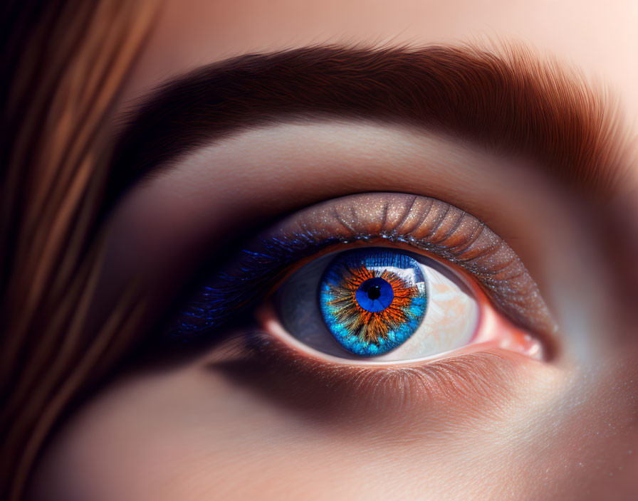 Detailed Close-Up of Vibrant Blue Iris and Eyebrow with Eyeshadow