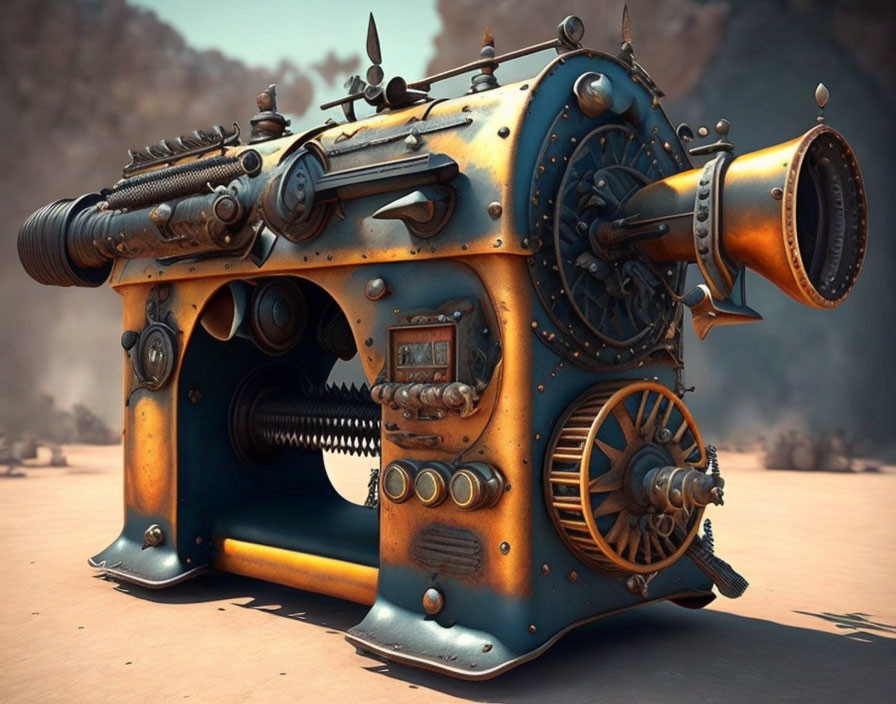 Steampunk-style machine with gears and pipes in sandy landscape