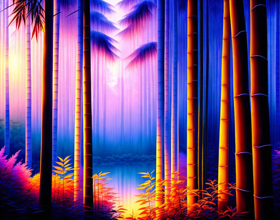 Vibrant digital artwork: Bamboo forest at sunset with purple and blue hues