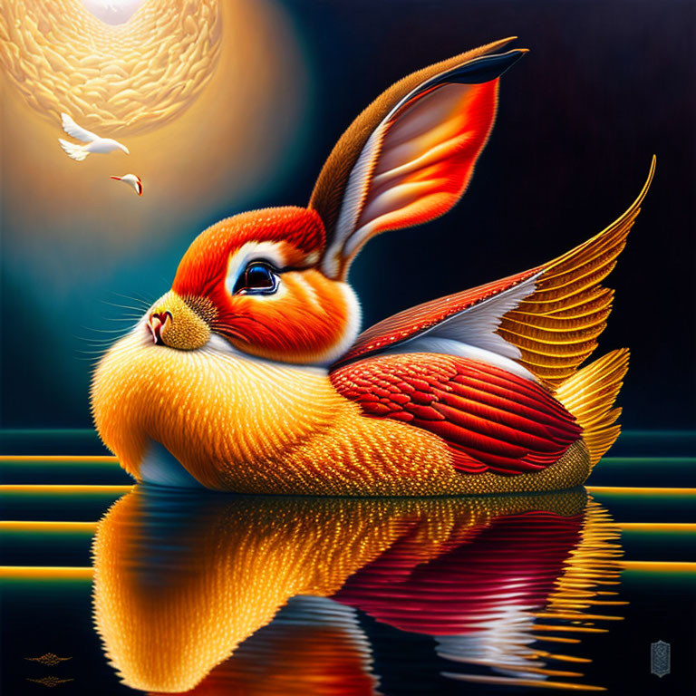 Digital Art: Winged rabbit with feathers in golden light by water under moonlit sky