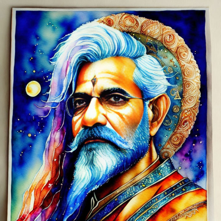 Vibrant portrait of bearded man with celestial halo in starry scene