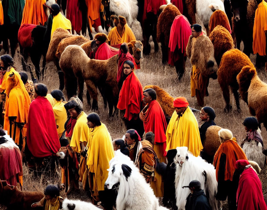 Group in Colorful Garments Herding Camels and Goats on Rugged Landscape