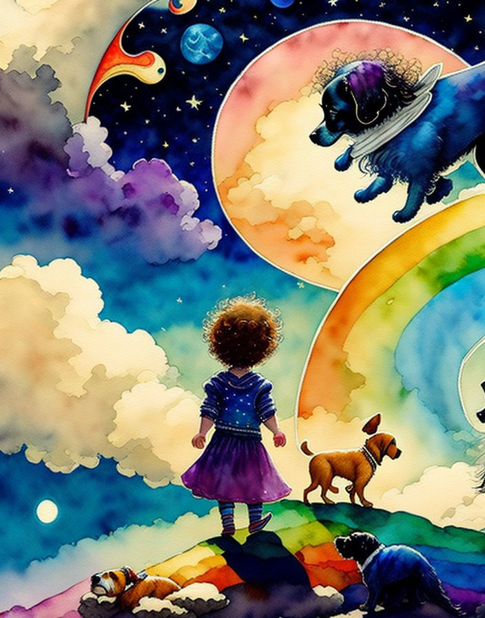 Illustration of child, dogs on rainbow bridge in space-themed sky