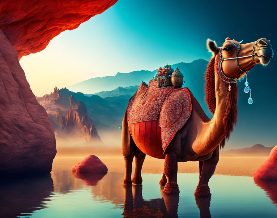 Colorful Saddlery-Adorned Camel in Desert Landscape