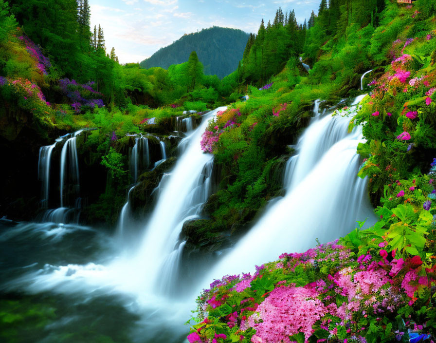 Scenic waterfall with lush greenery, wildflowers, and mountains