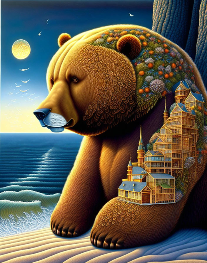 Surreal painting: large bear with village scenes in fur against moonlit ocean