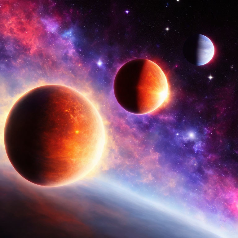 Three Celestial Bodies in Vibrant Space Scene with Nebula and Planetary Surface