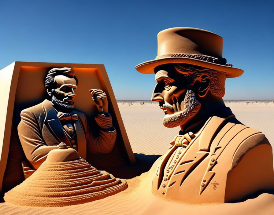 Surrealist artwork: Classical busts in gentleman attire against clear blue sky