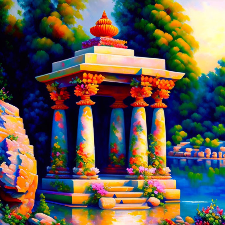 Colorful painting of a lakeside gazebo surrounded by nature and flowers