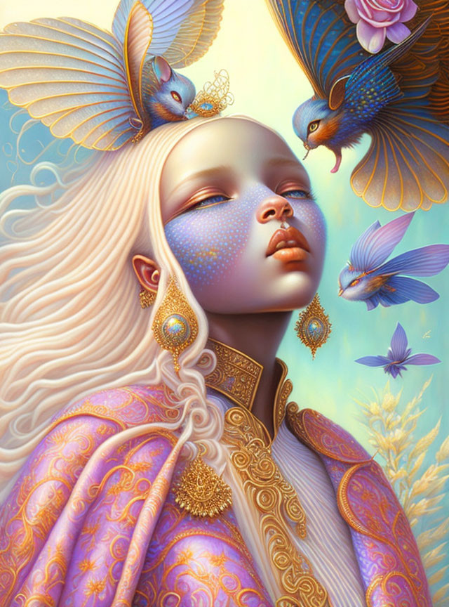 Pale-skinned ethereal being with white hair and golden jewelry among vibrant blue birds.