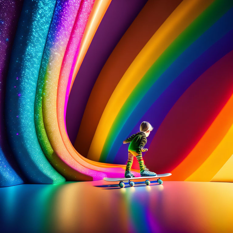 Child Skateboarding on Vibrant Rainbow Pathway