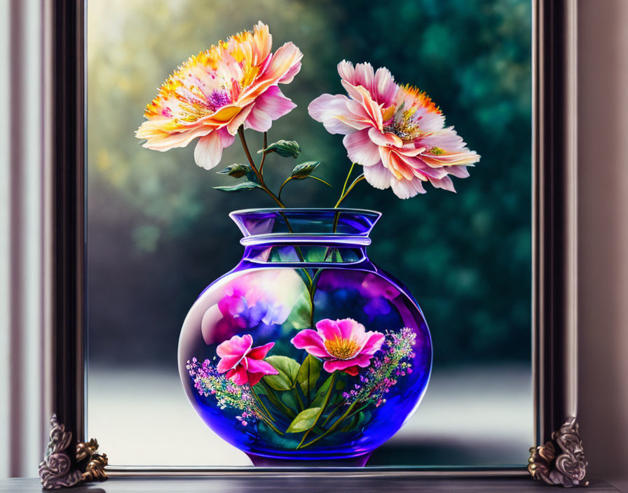 Colorful Floral Painting with Blue-Purple Vase on Green Background