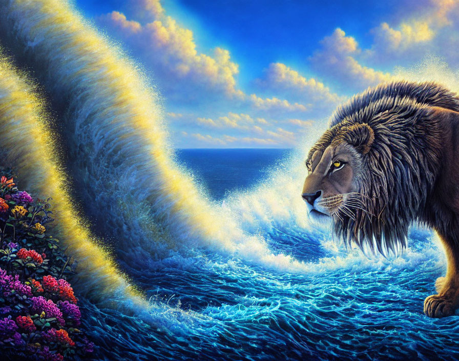 Majestic lion on cliff with vibrant sea wave and colorful sky