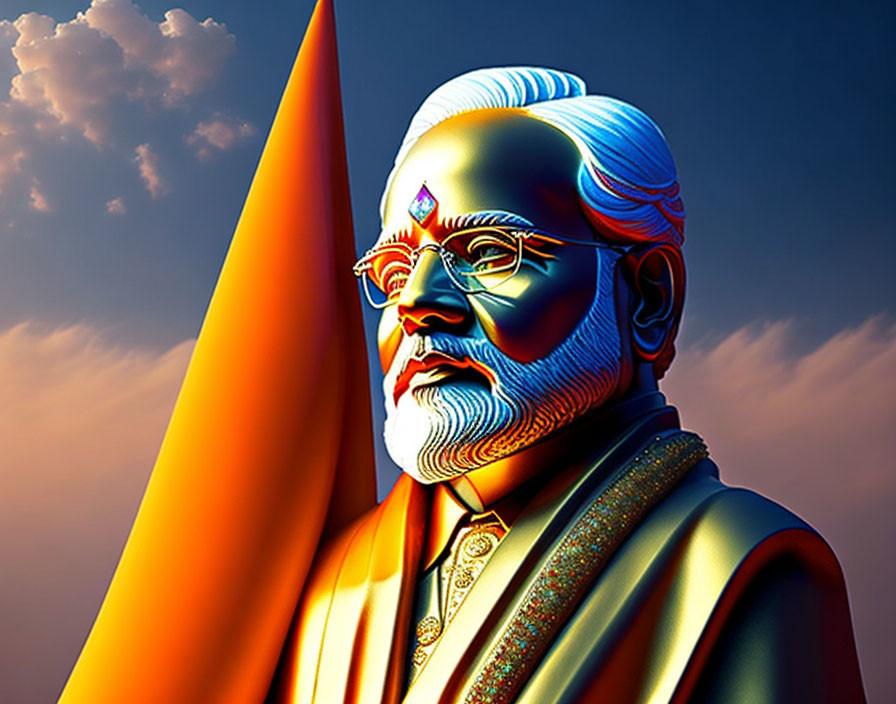 Vibrant illustration of bearded man in traditional attire with flag.