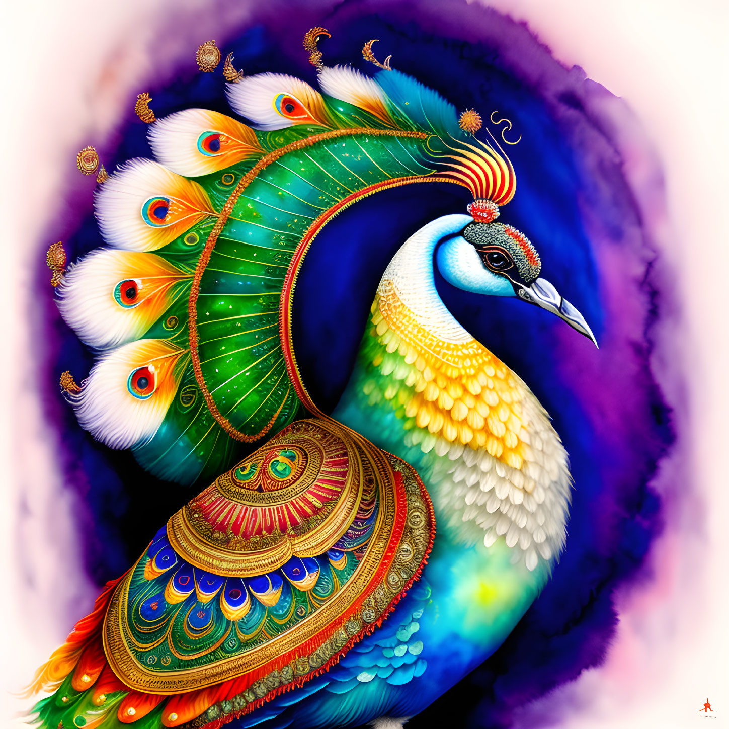 Colorful Peacock Artwork with Elaborate Feathers in Blues, Greens, and Gold