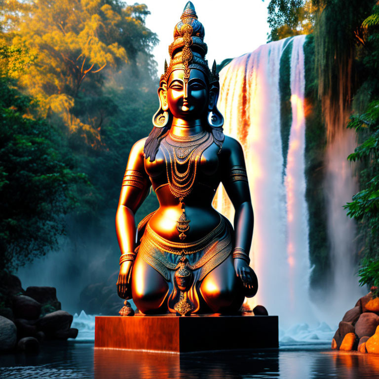 Bronze Hindu deity statue by waterfall at sunset