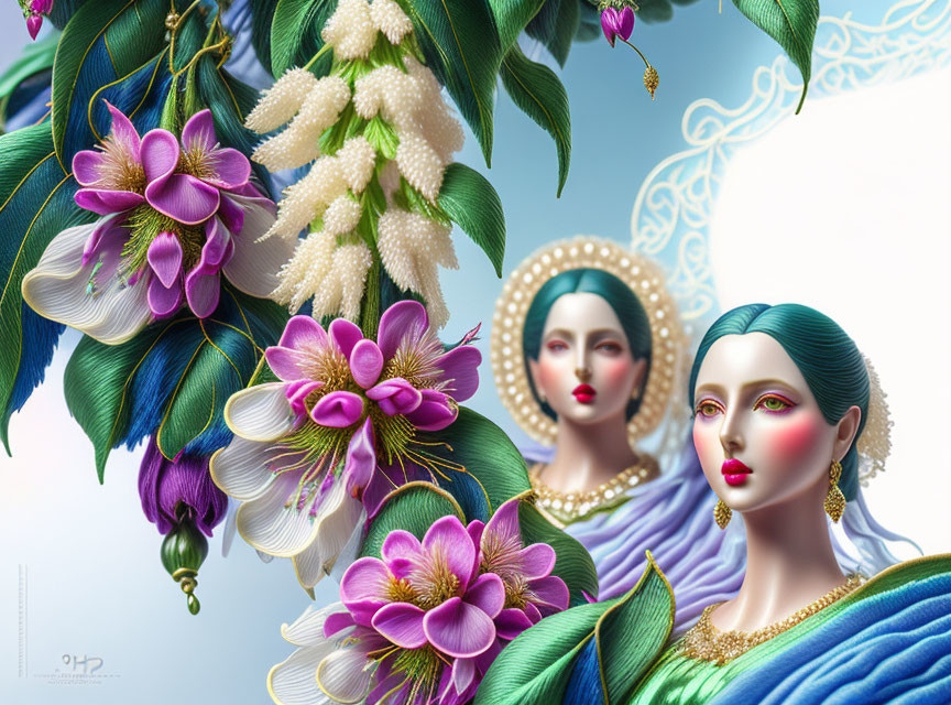 Stylized women with vibrant makeup in exotic floral setting
