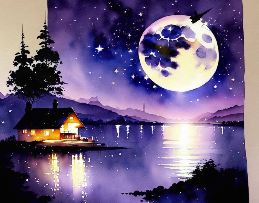 Nighttime lakeside cabin watercolor painting with full moon, stars, and flying plane.