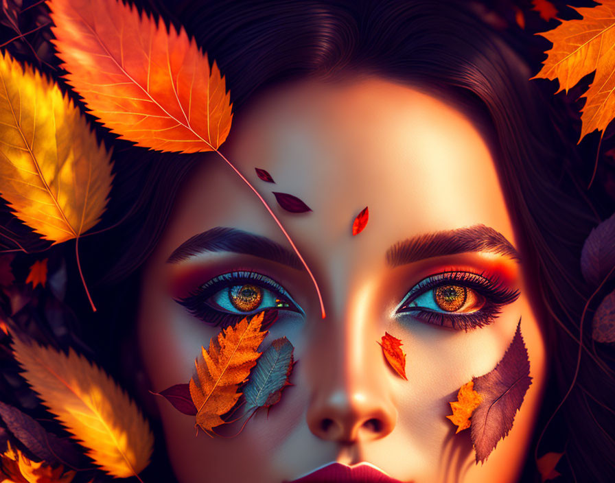 Woman's face close-up with autumn leaves and vibrant makeup