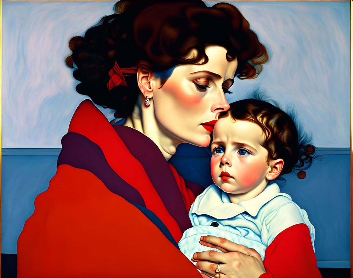 Stylized painting of woman with dark hair holding child against blue backdrop