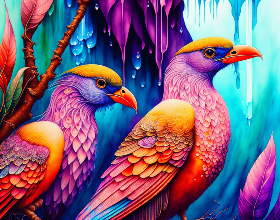 Colorful stylized birds in vibrant digital art with tropical backdrop