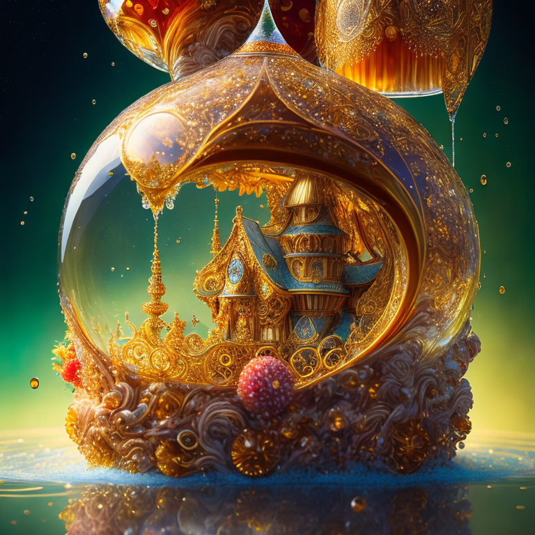 Ornate golden snow globe with castle and floating droplets