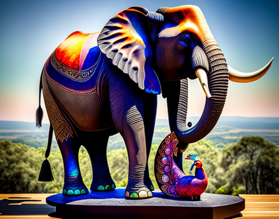 Colorful Elephant and Peacock Sculpture on Platform with Scenic Backdrop
